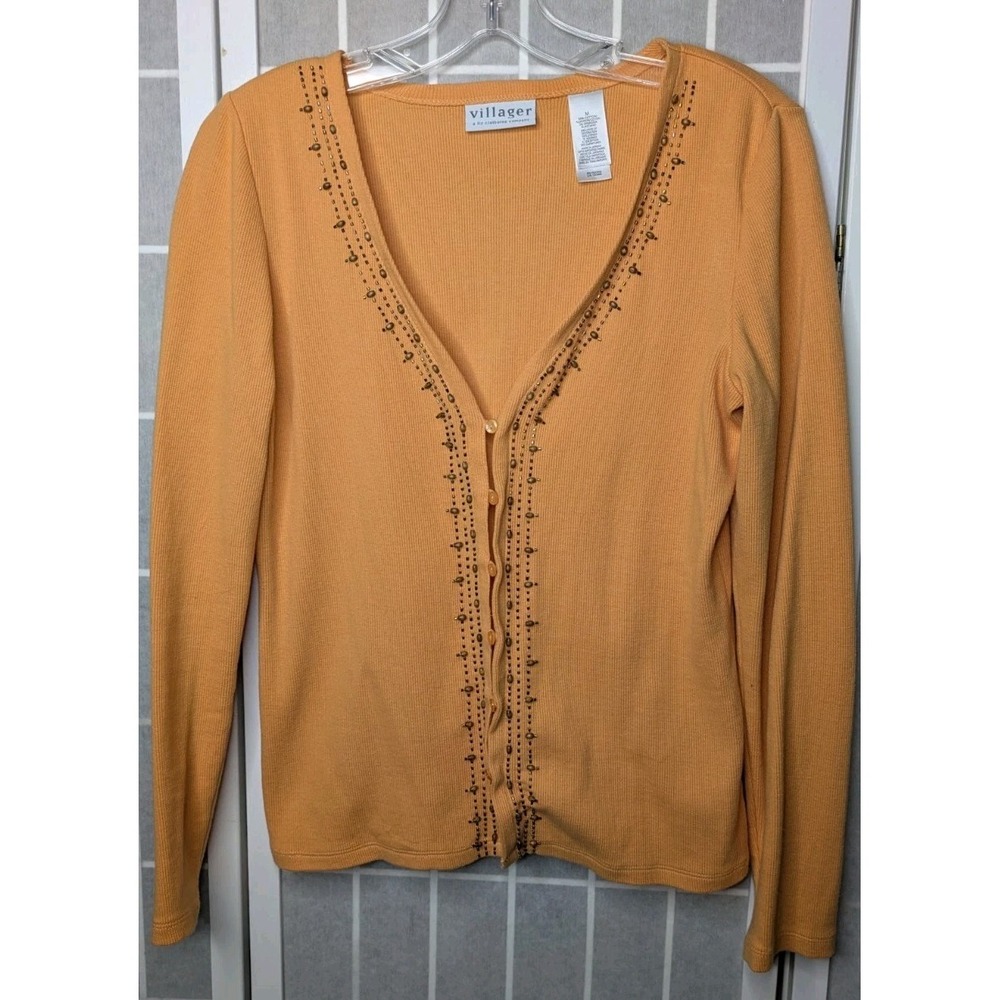 Villager Liz Claiborne‎ Women's Cardigan Medium Mustard Gold Beaded Long Sleeve